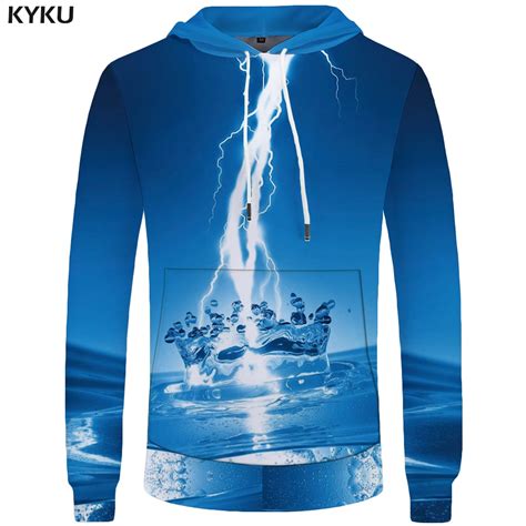 Kyku Brand Water Hoodie Men Blue Lightning Sweatshirt Gothic Space 3d