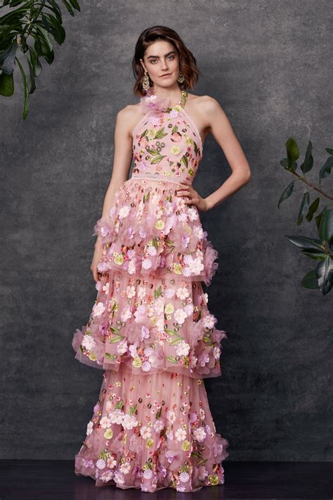Halter Multi Colored 3d Floral Embroidered Tiered Gown With Trims