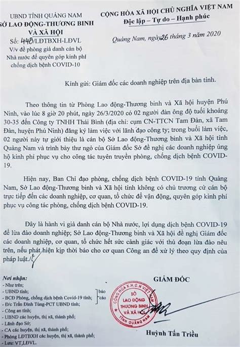 Đợt này phòng chống dịch theo địa bàn. Giả cán bộ sở kêu doanh nghiệp ủng hộ tiền chống Covid-19 ở Quảng Nam