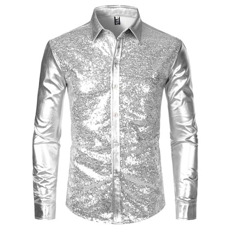 Silver Metallic Sequins Glitter Shirt Men