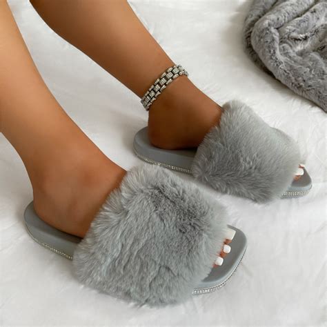 Candyfloss Light Grey Fluffy Faux Fur Slippers Simmi London