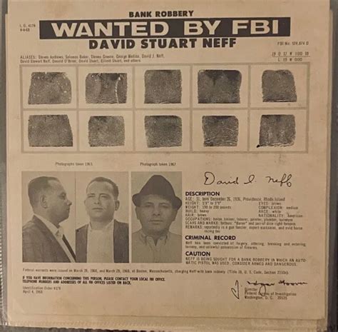 1968 Fbi Ten Most Wanted Poster 276 David Stuart Neff Bank Robbery