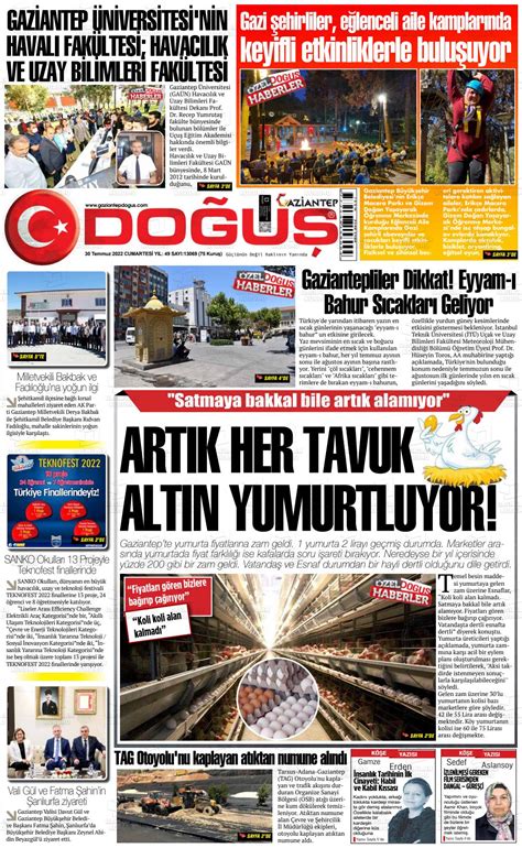 30 Temmuz 2022 tarihli Gaziantep Doğuş Gazete Manşetleri