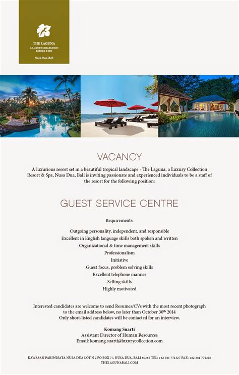 (0361) 8465959 sedang membuka loker hotel bali untuk posisi : Lowongan Kerja Hotel di The Laguna Resort & Spa Nusa Dua Bali for Guest Service Centre ...