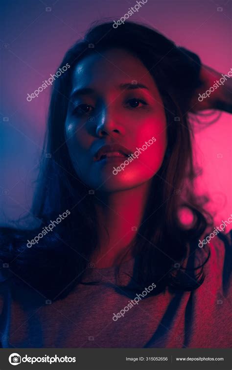 Beautiful Woman Face Red Blue Light Color Double Light Colors Stock