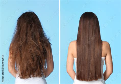 Woman Before And After Hair Treatment On Color Background Stock Photo