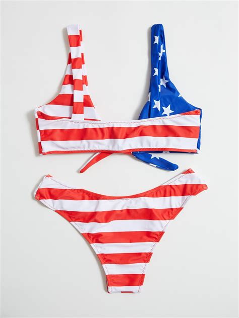 Emmiol Free Shipping 2023 Lace Up Star Striped Bikini Set Red S In Bikini Sets Online Store