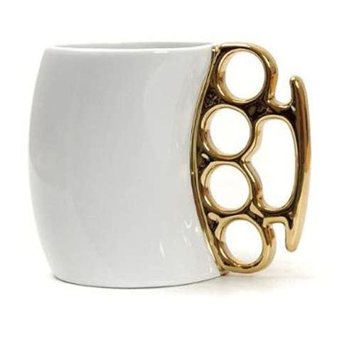 Brass Knuckle Coffee Mug White And Golden Handle W8 Porcelain Cup