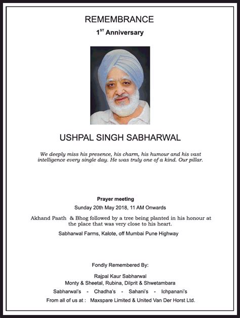 Ushpal Singh Sabharwal Obituary Ad Advert Gallery