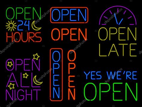 Collection Of Eight Neon Open Signs Isolated On Black Premium Vector In