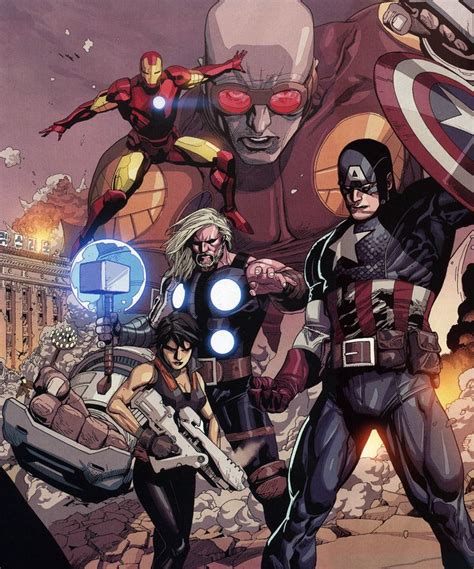 An Image Of Some Avengers Characters In Front Of A Giant Iron Man And