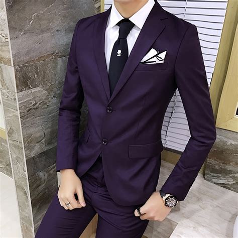 2018 New Mens Purple Suit Fashion British Style Mens Slim Solid