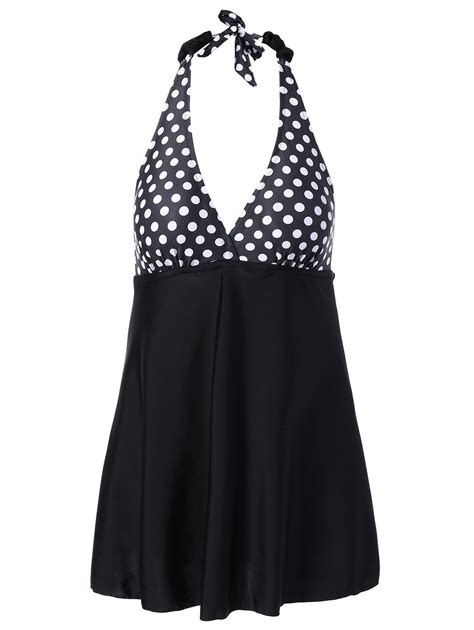 2018 Retro Plus Size Polka Dot Halter Skirted Swimwear Black Xl In Plus