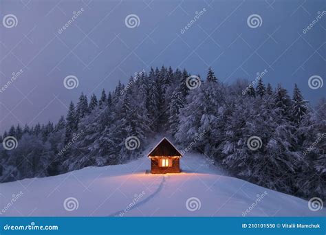 Winter Landscape Mystical Night Old Wooden Hut On The Lawn Covered