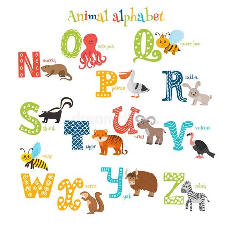 Zoo Cute Cartoon Animals Alphabet From N To Z In Cartoon Style Stock