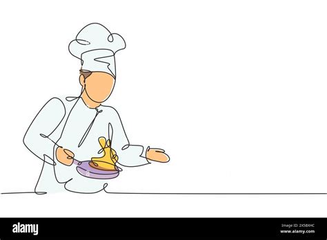 Single continuous line drawing of young handsome male chef preparing to
