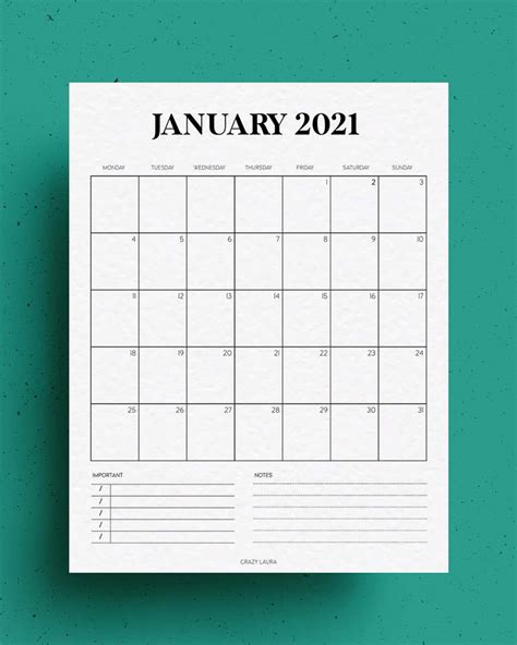 Free Vertical Calendar Printable For 2021 Crazy Laura