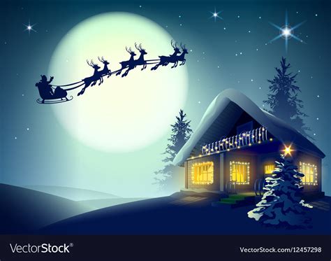 silhouette santa claus and reindeer flying over vector image