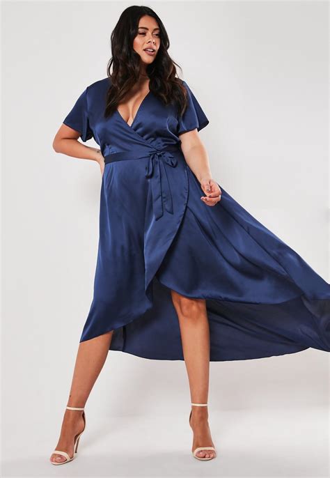 Plus Size Navy Satin Wrap Maxi Dress Missguided