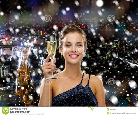 Smiling Woman Holding Glass Of Sparkling Wine Stock Image Image Of Holidays Happy 46146843