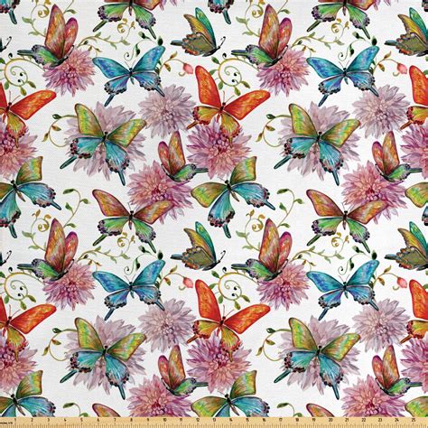 Butterfly Fabric By The Yard Flying Butterflies With Floral Elements