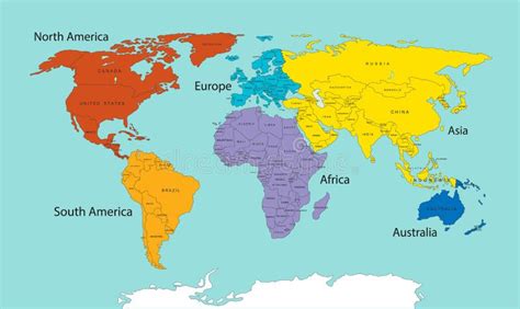Mapa Mundial Dividido Em Seis Continentes Em Cores Diferentes Ilustração do Vetor Ilustração