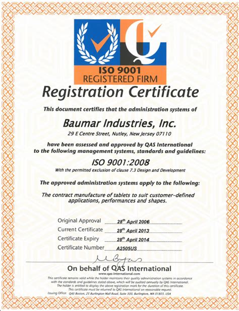 Iso 9001 Registered Firm 2013 Baumar Industries