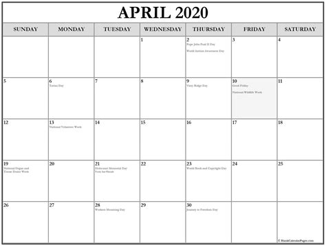 April 2020 Calendar With Holidays