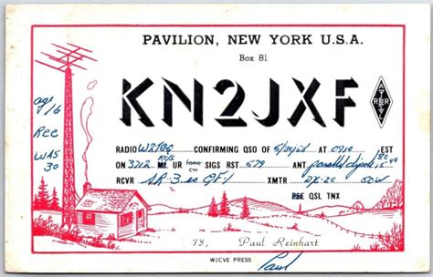 1958 Qsl Radio Card Code Kn2jxf Pavilion New York Amateur Radio Posted Postcard United States