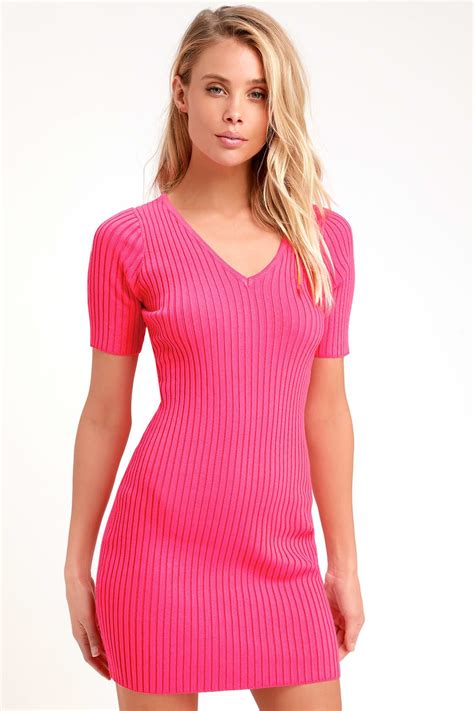 Janese Hot Pink Ribbed Knit Bodycon Dress Ribbed Knit Bodycon Dress