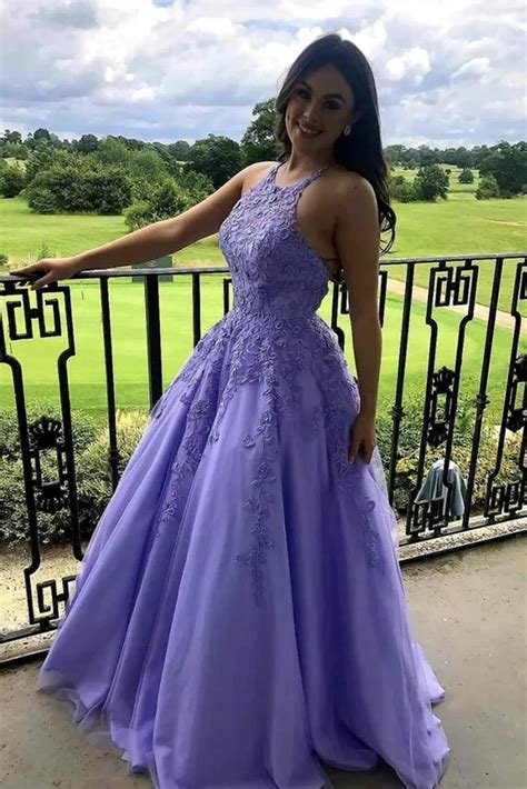 A Line Purple Lace Prom Dresses 2022 Long Formal Graduation Evening