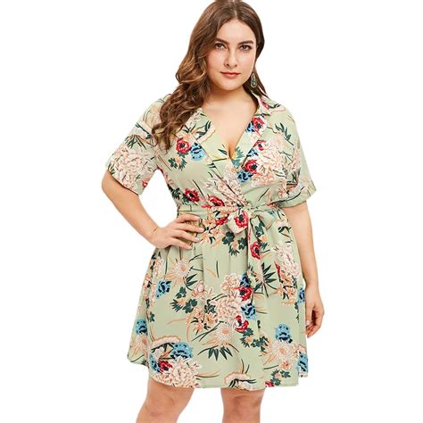 Wipalo Women Summer Lapel Neck Plus Size Floral Print A Line Dress