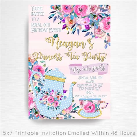Princess Tea Party Birthday Printable Invitation You Print Tea For Two