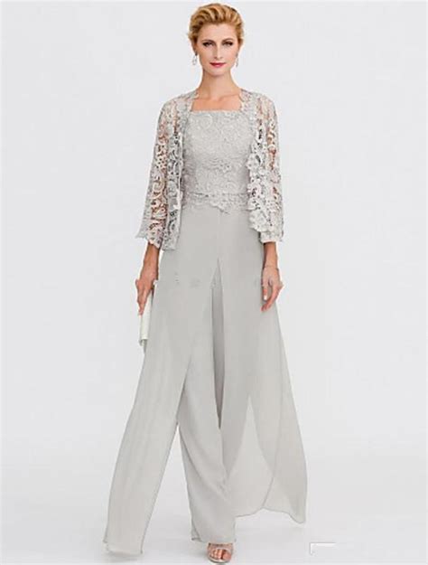 New Elegant Pant Suits Straps Long Chiffon Lace Mother Of The Bride