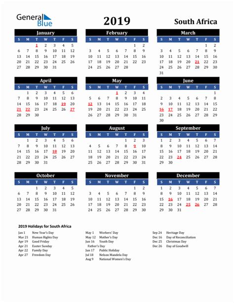 2019 South Africa Calendar With Holidays
