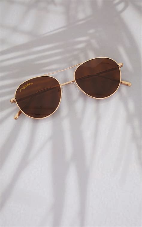 Plt Gold Bar Brown Lens Aviator Sunglasses Prettylittlething Usa