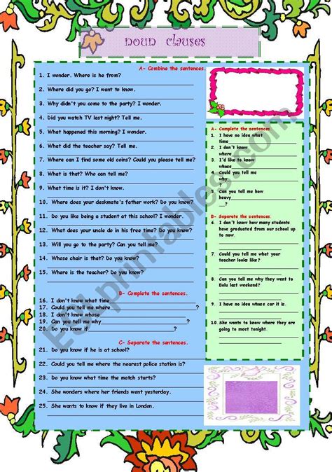 A subject complement says something about the subject. noun clauses - ESL worksheet by melis2299