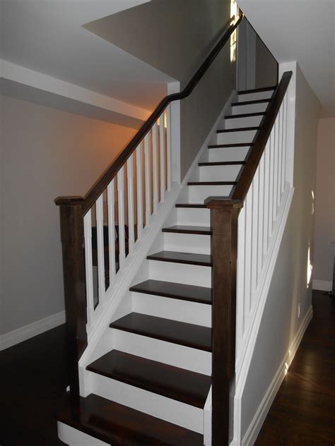 The international residential code prescribes a maximum riser height of 7 ¾ and a minimum tread width of 10. Stairs with dark stain and white risers. | White stair risers, Staircase remodel, Home renovation