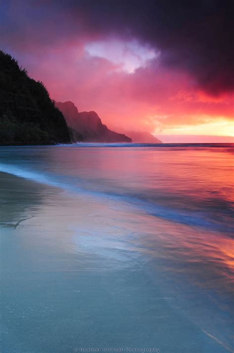 Landscape Up Pink Beach Ocean Sunset Hawaii Seascape Under