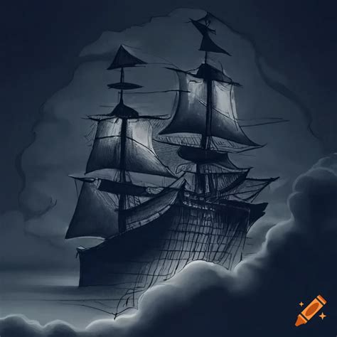 Black And White Drawing Of Pirate Ships In The Night Sky