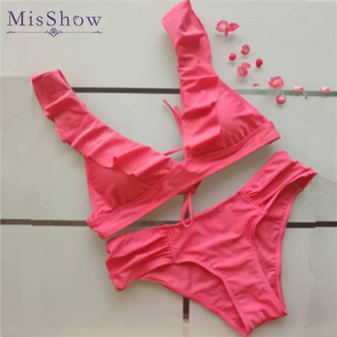 Misshow Ruffuled Pink Swimsuit Brazilian Biquini Sexy Back Bandage Women Swimwear Bikinis Set