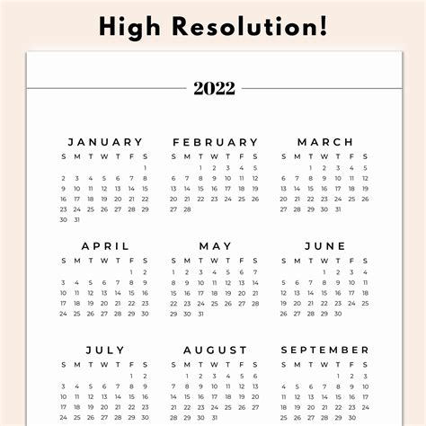 Year At A Glance 2022 Printable Year At A Glance Calendar Etsy