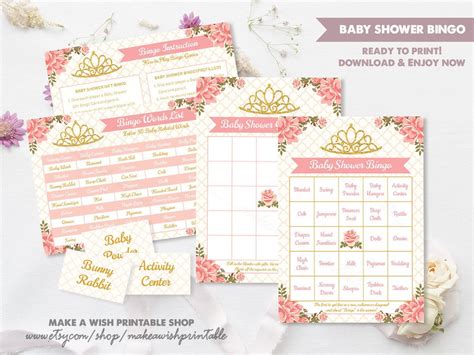 Prefilled Baby Shower Bingo Princess Baby Shower Games Baby Shower