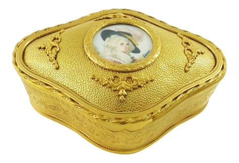 Antique French Dore Bronze Dresser Box With Signed Miniature Portrait