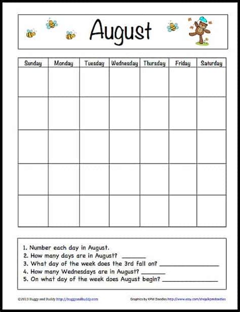 August Learning Calendar For Kids Free Printable Buggy And Buddy