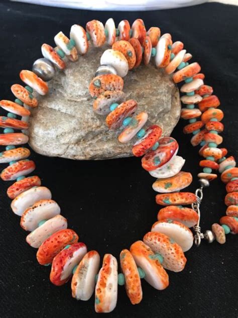 Navajo Indian Orange Spiny Oyster Turquoise Sterling Silver Necklace 22