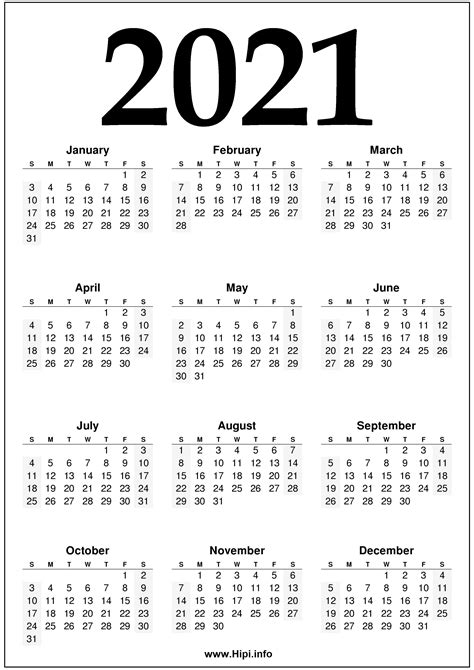 2021 Calendar Printable One Page Printable World Holiday