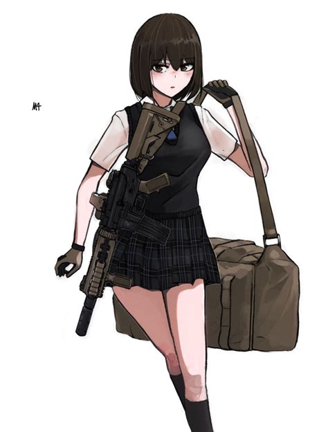Safebooru 1girl Absurdres Assault Rifle Bag Black Legwear Brown Eyes