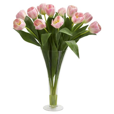 Nearly Natural Tulips Artificial Arrangement In Flared Vase Walmart