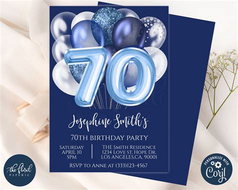 70th Birthday Invitation Template Editable Blue And White Etsy